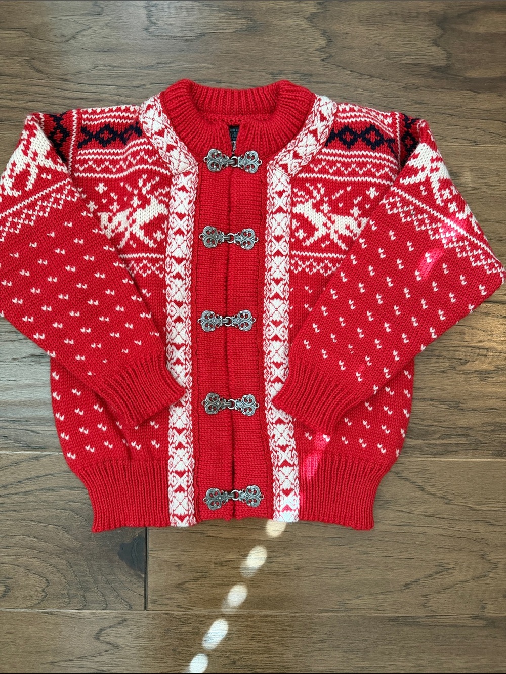 Vintage Dale of Norway Kids Red Wool Nordic Clasp Cardigan Sweater Size 6